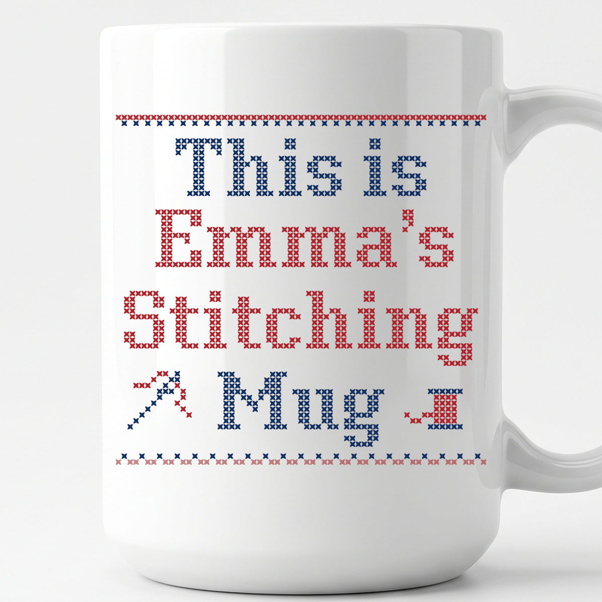 "This is [Name]'s Stitching Mug" - Personalized Faux Cross Stitch Mug | Custom Name