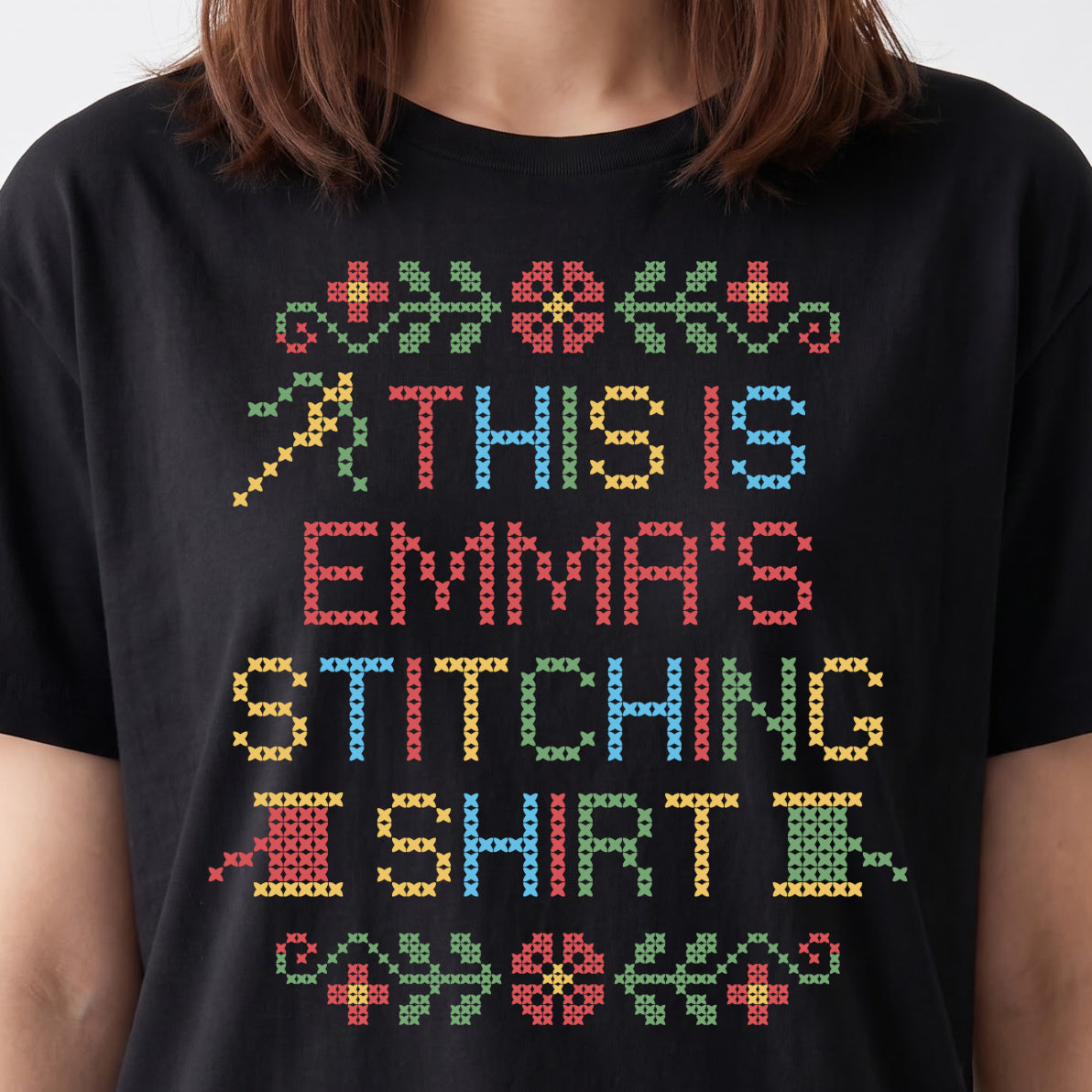 "This is [Name]'s Stitching Shirt" - Custom Faux Cross Stitch Tee | Personalized Name