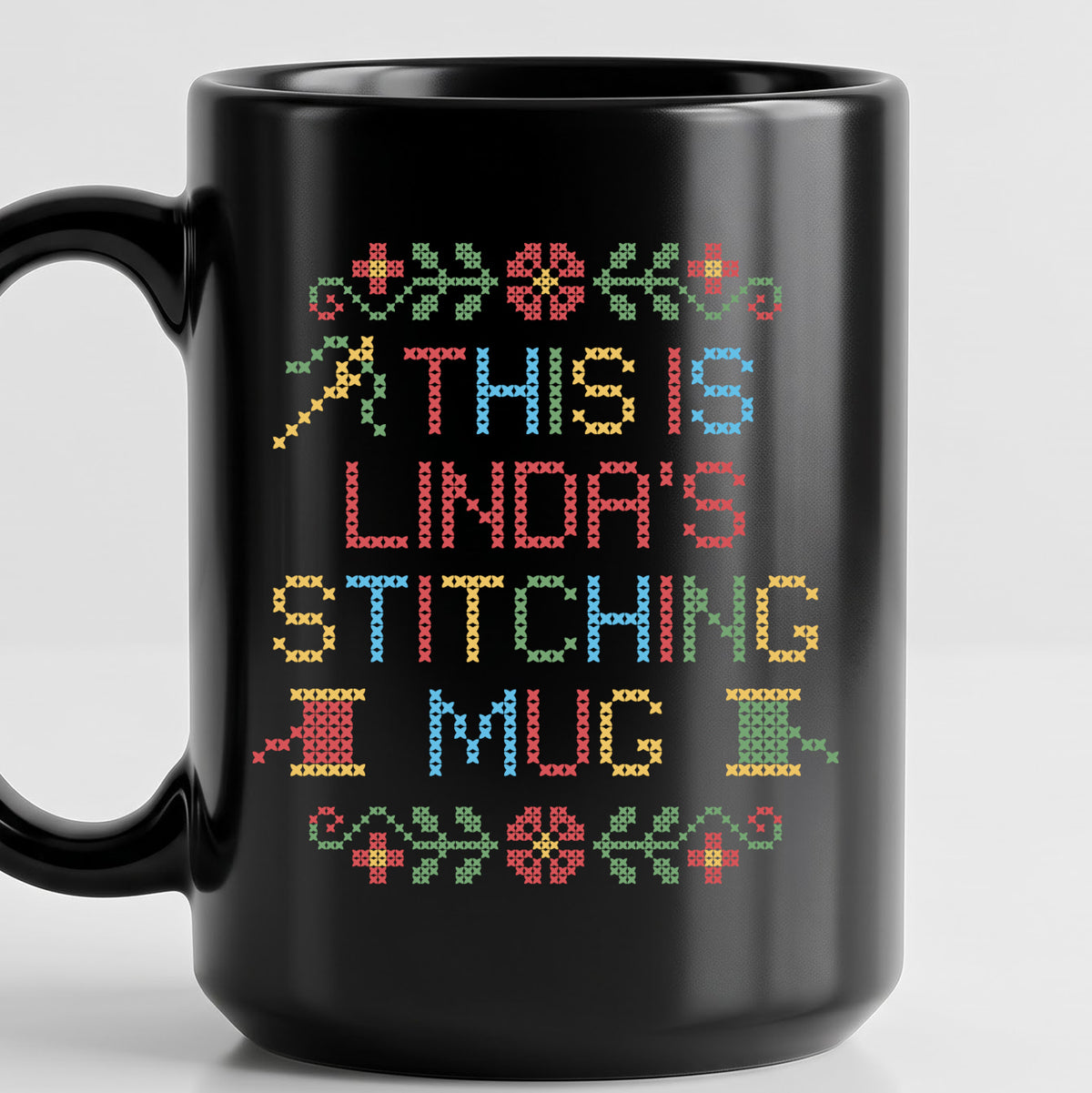 "This is [Name]'s Stitching Mug" - Custom Faux Cross Stitch Coffee Cup | Personalized Name
