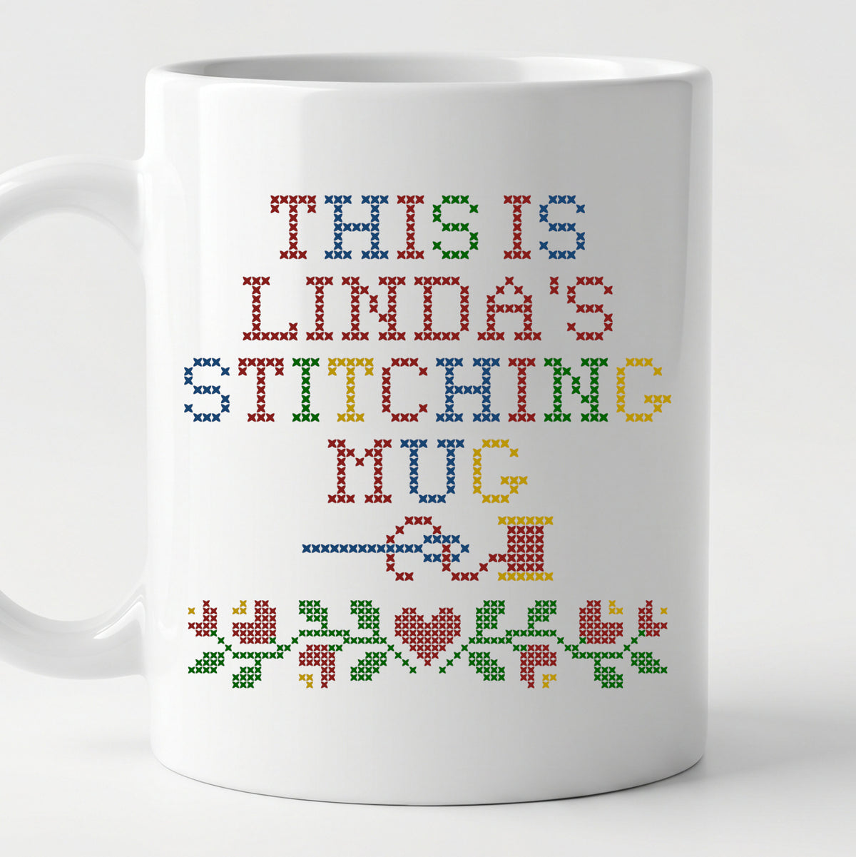 "This is [Name]'s Stitching Mug" - Faux Cross Stitch Mug | Custom Name Coffee Cup