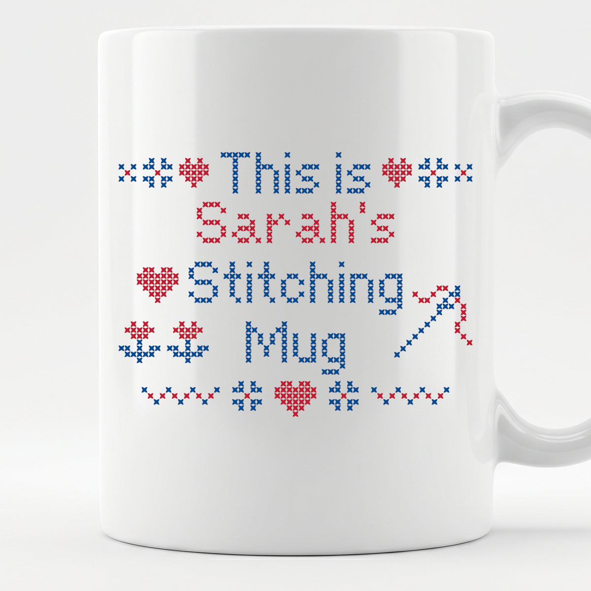 "This is [Name]'s Stitching Mug" - Faux Cross Stitch Coffee Cup | Personalized Gift