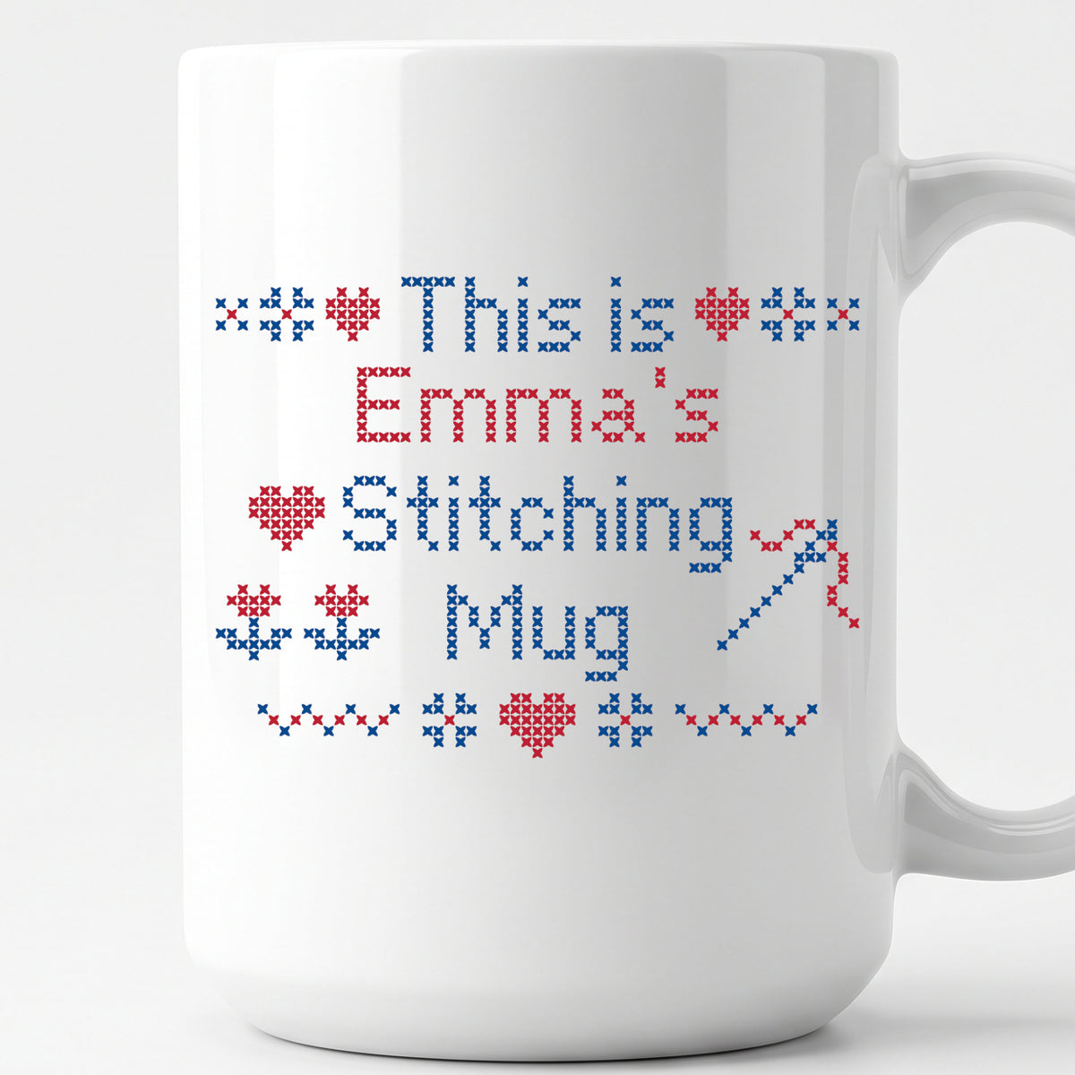 "This is [Name]'s Stitching Mug" - Faux Cross Stitch Coffee Cup | Personalized Gift