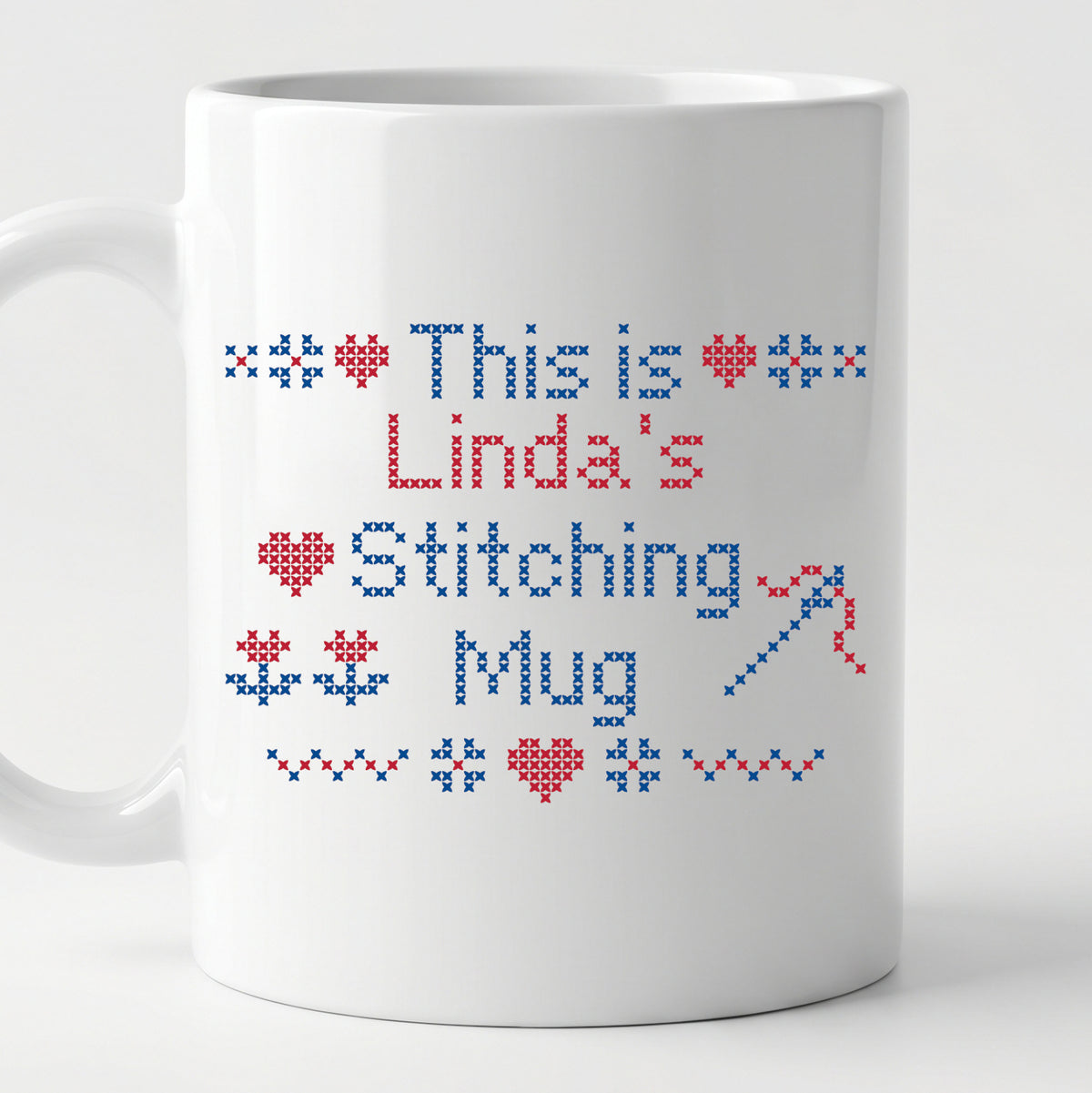 "This is [Name]'s Stitching Mug" - Faux Cross Stitch Coffee Cup | Personalized Gift