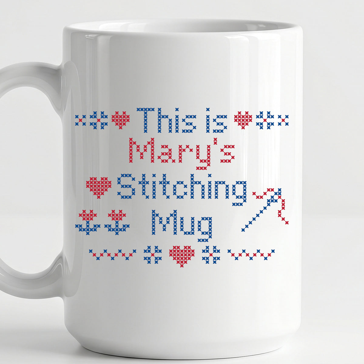 "This is [Name]'s Stitching Mug" - Faux Cross Stitch Coffee Cup | Personalized Gift