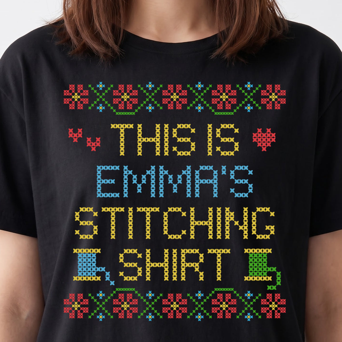 "This is [Name]'s Stitching Shirt" - Faux Cross Stitch T-Shirt | Custom Name