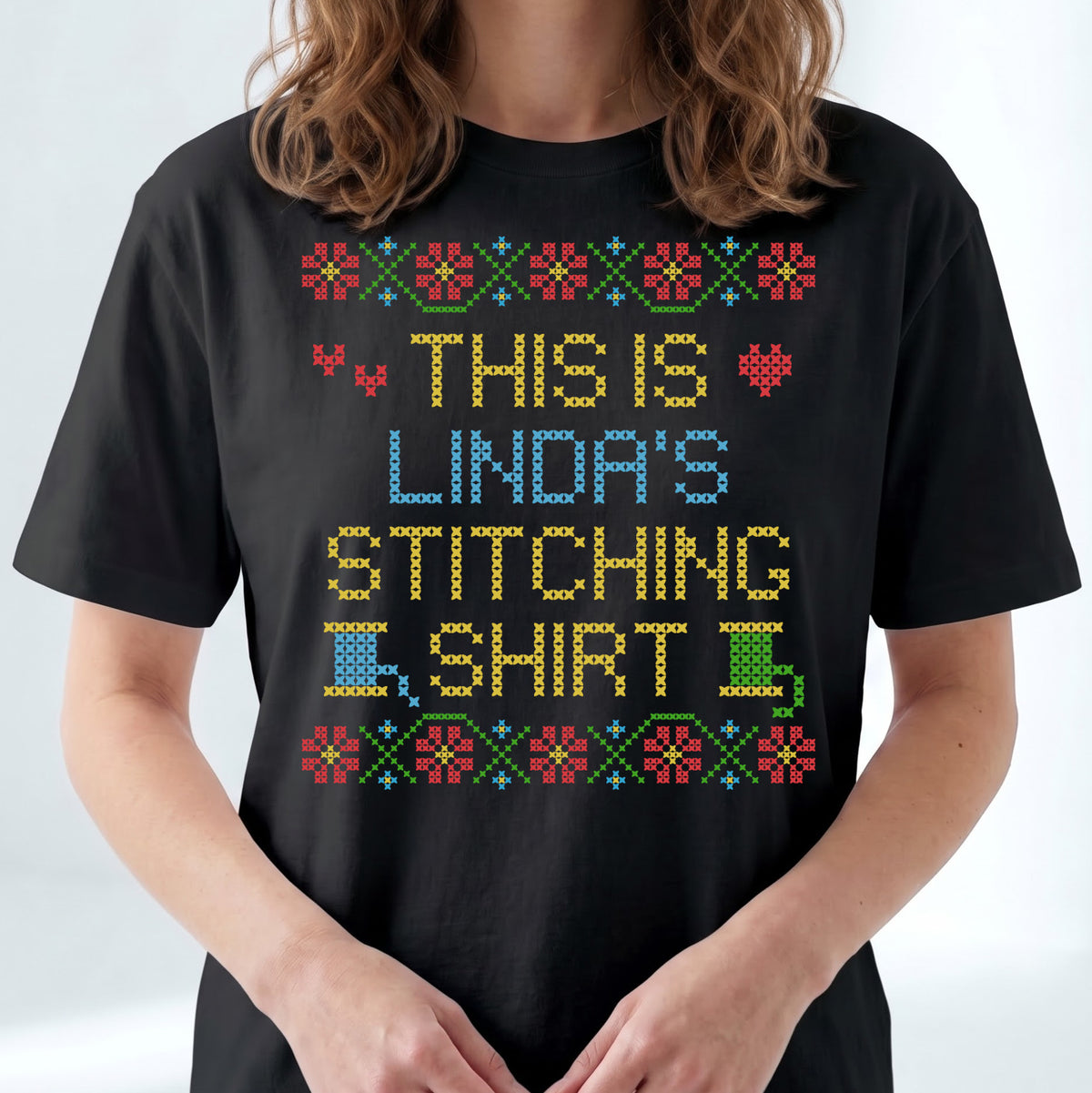 "This is [Name]'s Stitching Shirt" - Faux Cross Stitch T-Shirt | Custom Name