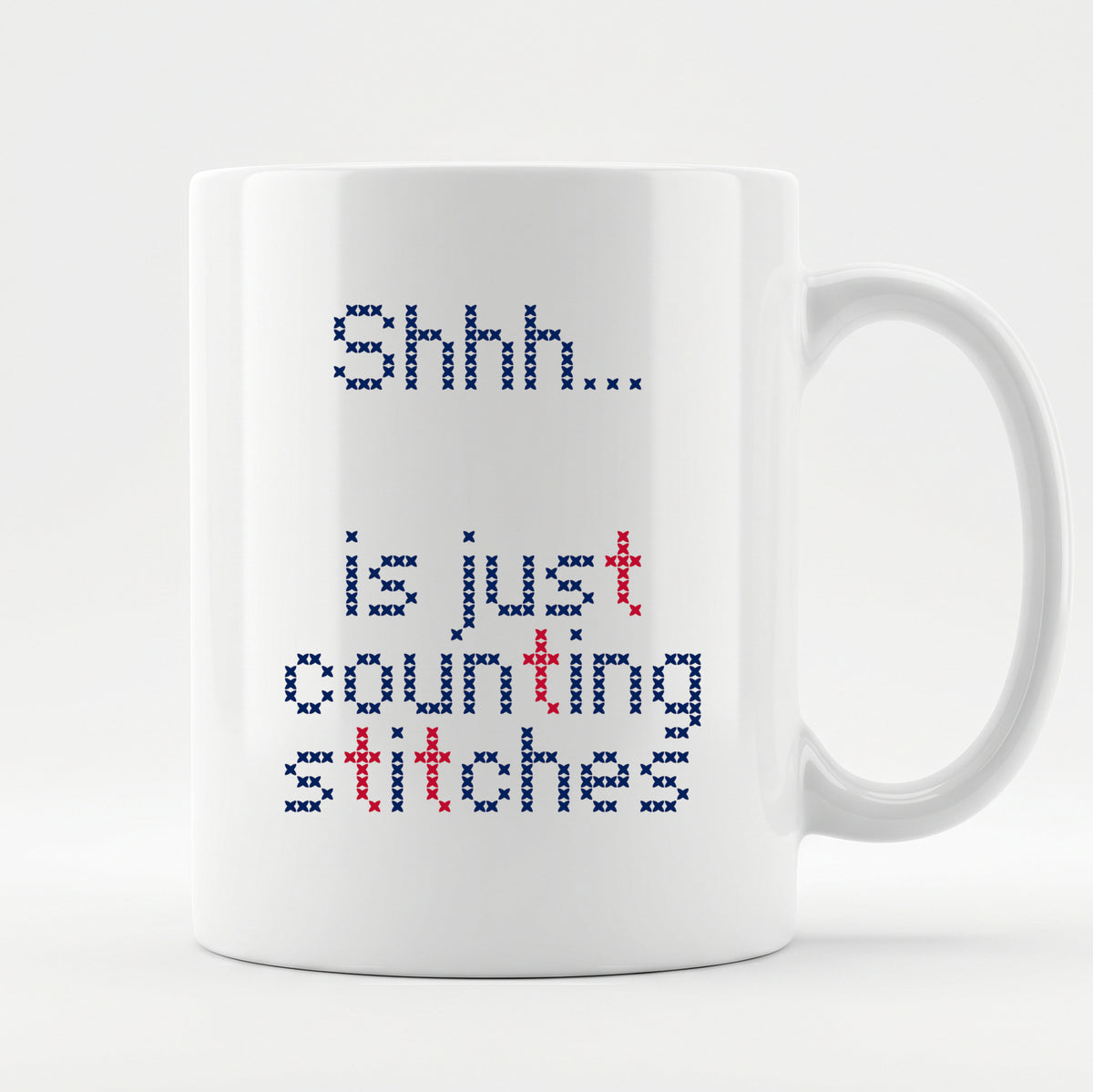 "Shhh [Name] is just counting stitches" Personalized Faux Cross Stitch Mug | Custom Name