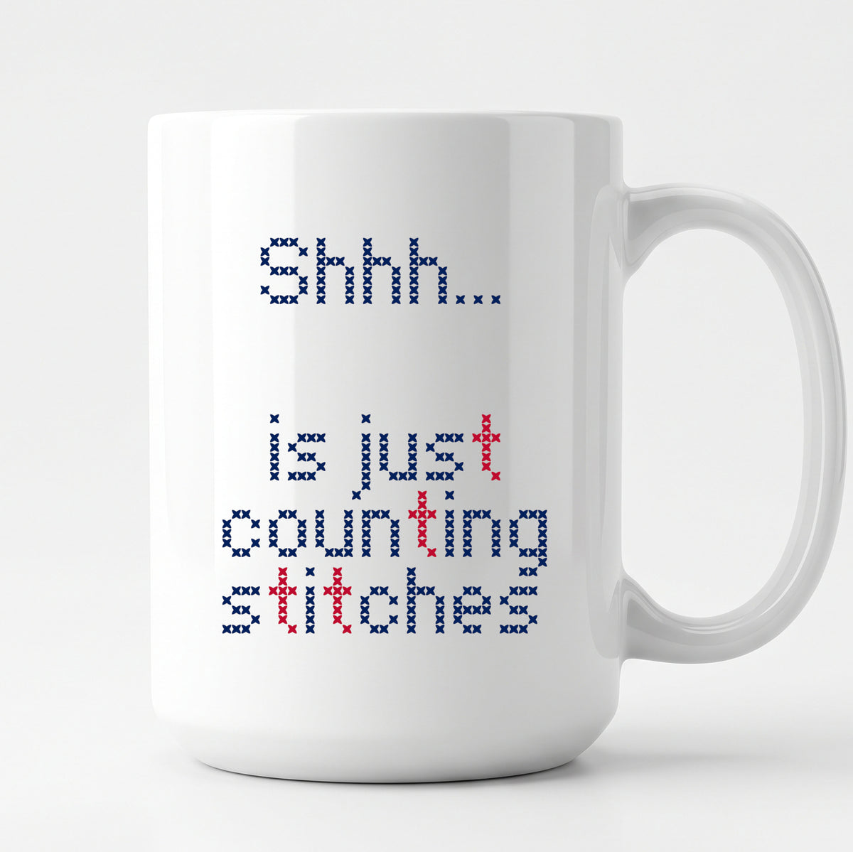 "Shhh [Name] is just counting stitches" Personalized Faux Cross Stitch Mug | Custom Name
