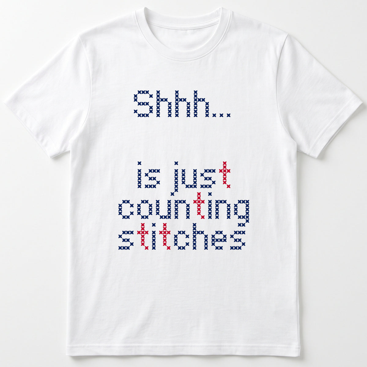 "Shhh [Name] is just counting stitches" Personalized Faux Cross Stitch T-Shirt | Custom Name