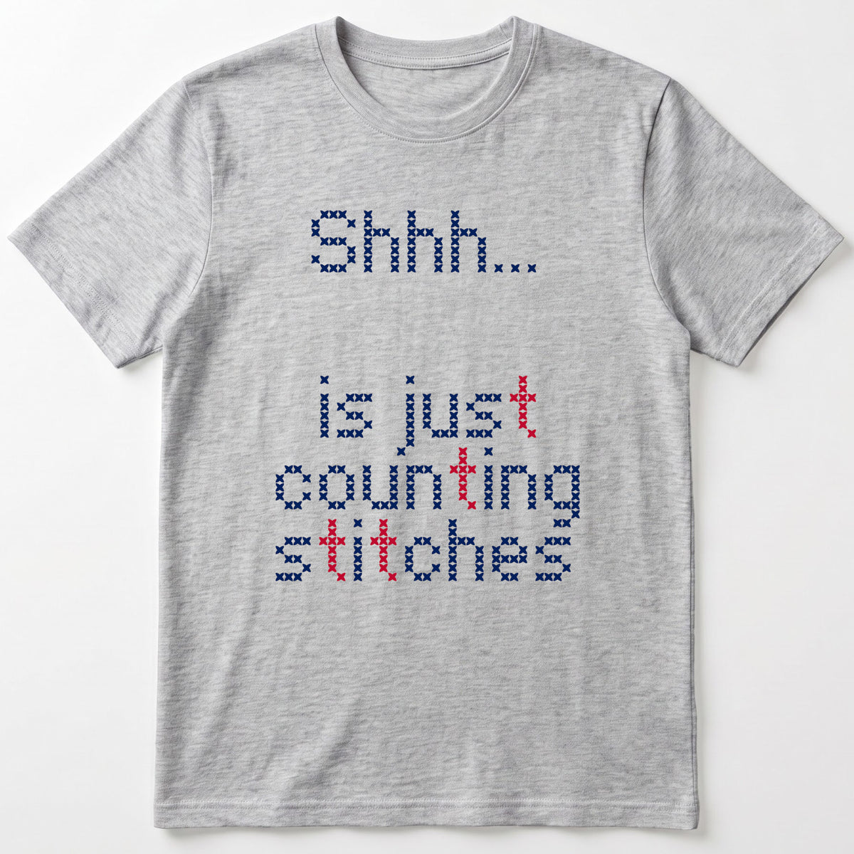 "Shhh [Name] is just counting stitches" Personalized Faux Cross Stitch T-Shirt | Custom Name