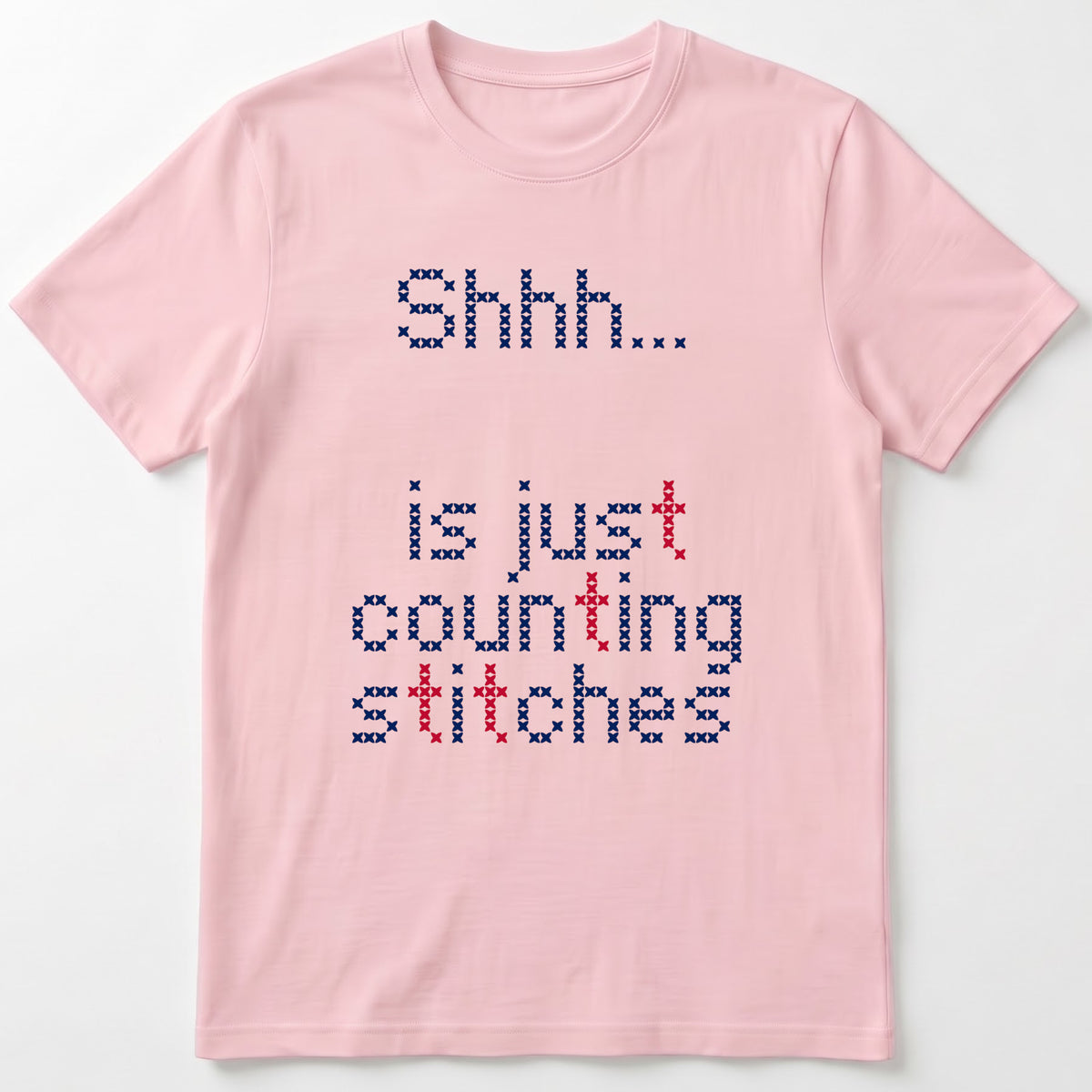 "Shhh [Name] is just counting stitches" Personalized Faux Cross Stitch T-Shirt | Custom Name