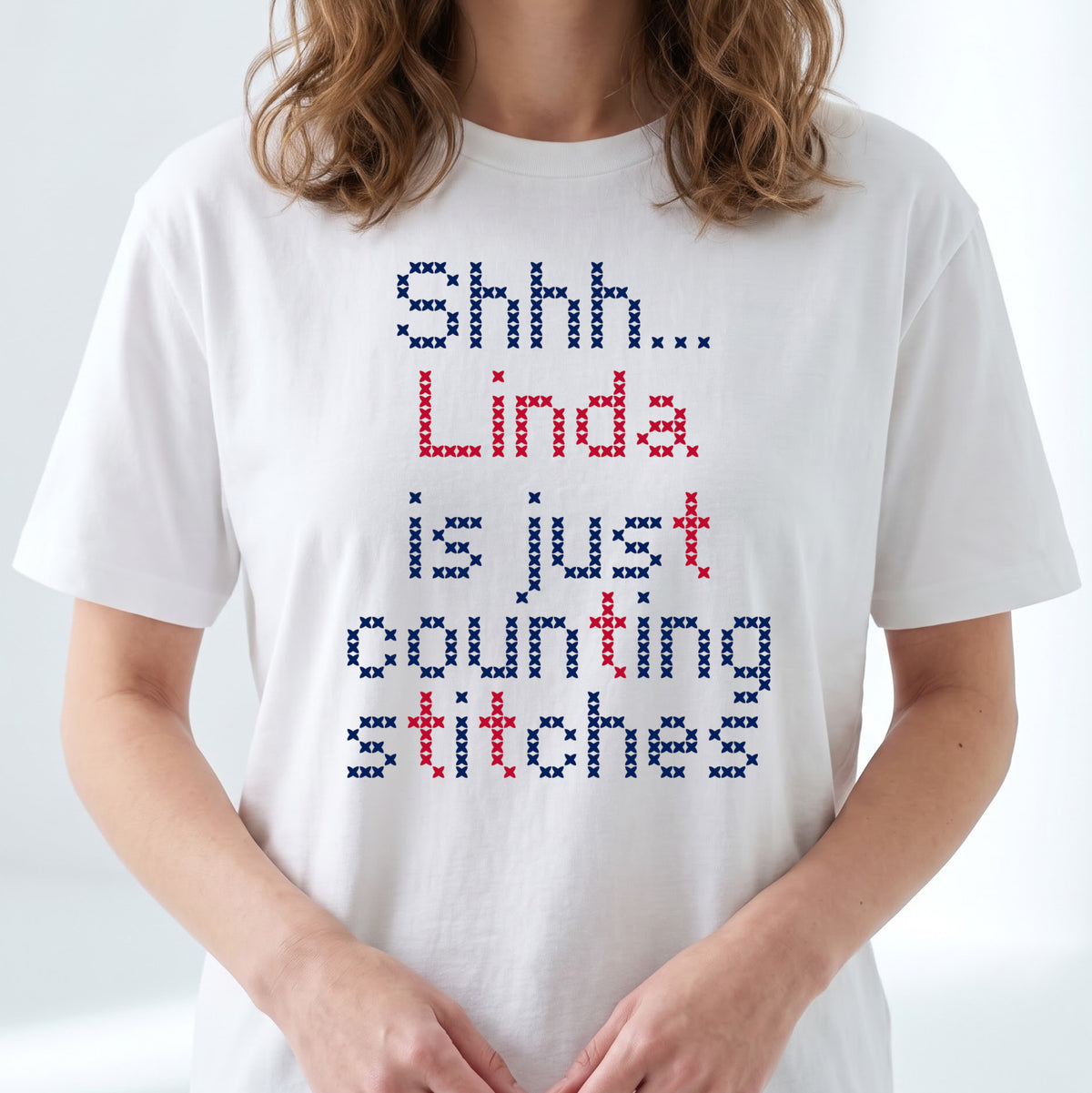 "Shhh [Name] is just counting stitches" Personalized Faux Cross Stitch T-Shirt | Custom Name
