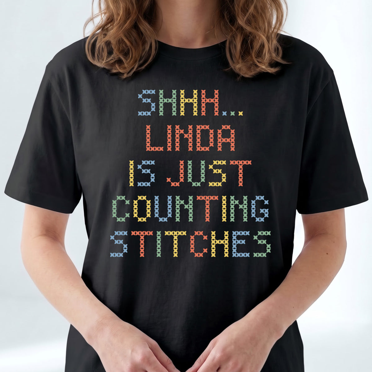 "Shhh [Name] is just counting stitches" Custom Faux Cross Stitch Tee | Personalized Name
