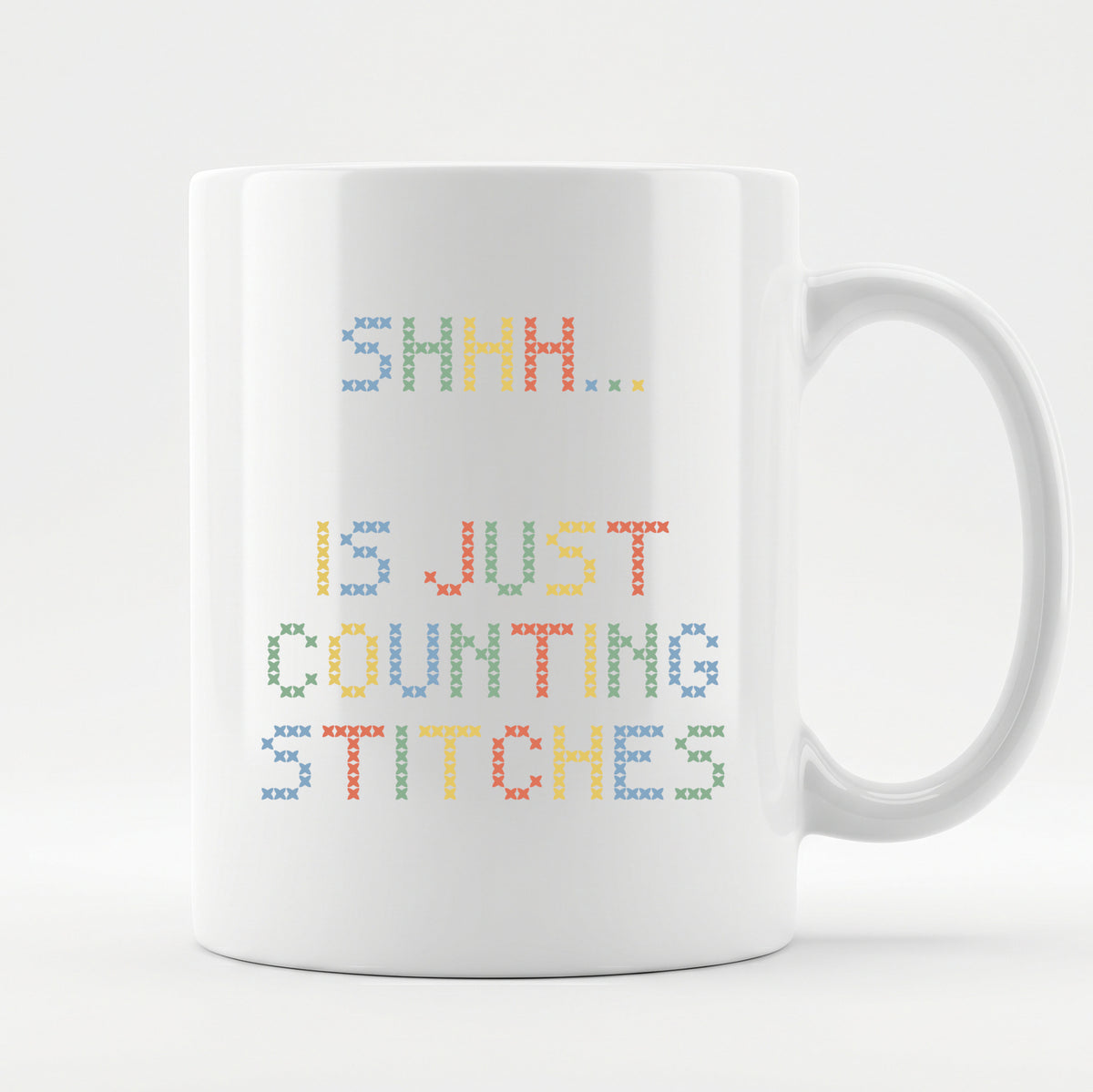 "Shhh [Name] is just counting stitches" Custom Faux Cross Stitch Coffee Cup | Personalized Name