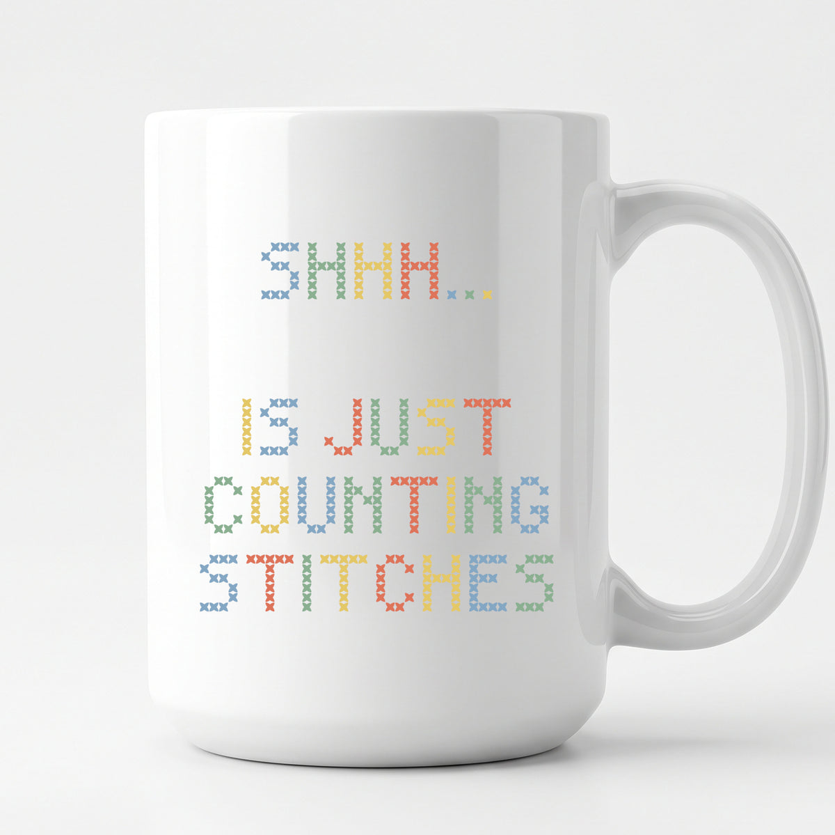 "Shhh [Name] is just counting stitches" Custom Faux Cross Stitch Coffee Cup | Personalized Name