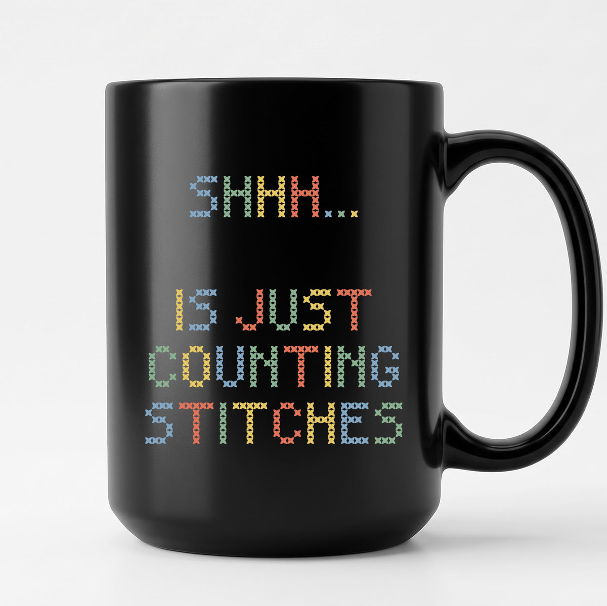"Shhh [Name] is just counting stitches" Custom Faux Cross Stitch Coffee Cup | Personalized Name