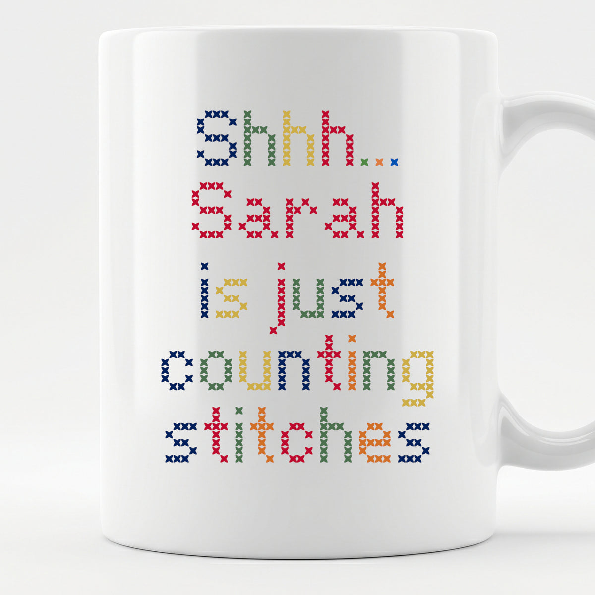 "Shhh [Name] is just counting stitches" Faux Cross Stitch Mug | Custom Name Coffee Cup