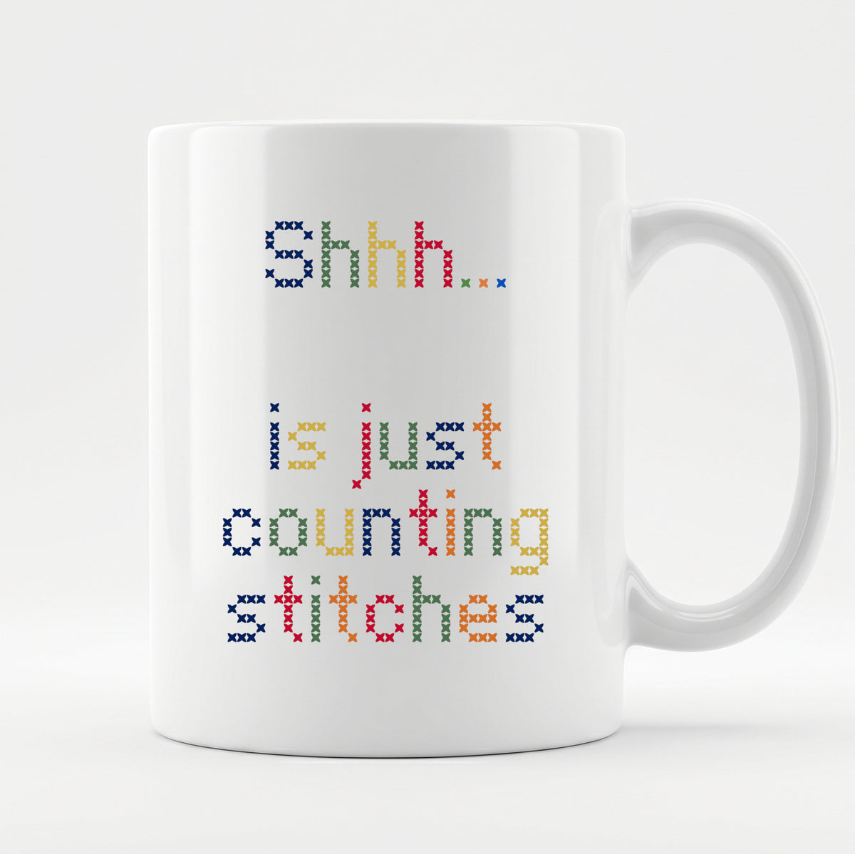 "Shhh [Name] is just counting stitches" Faux Cross Stitch Mug | Custom Name Coffee Cup