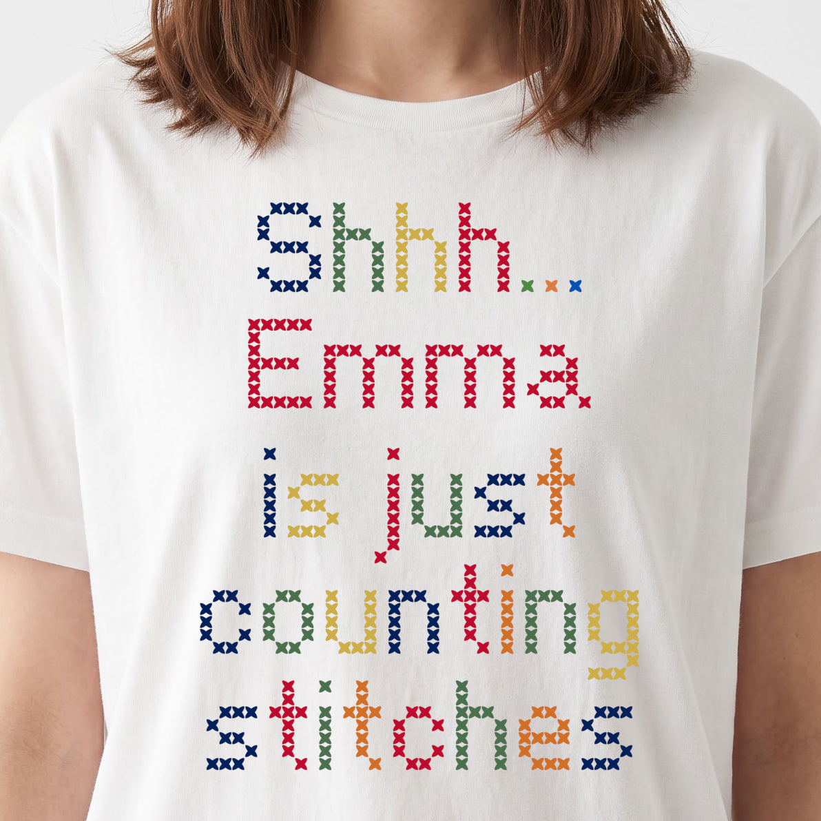 "Shhh [Name] is just counting stitches" Faux Cross Stitch Tee | Custom Name T-Shirt