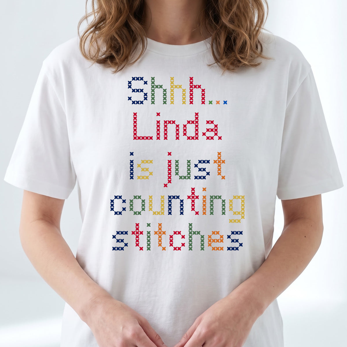 "Shhh [Name] is just counting stitches" Faux Cross Stitch Tee | Custom Name T-Shirt