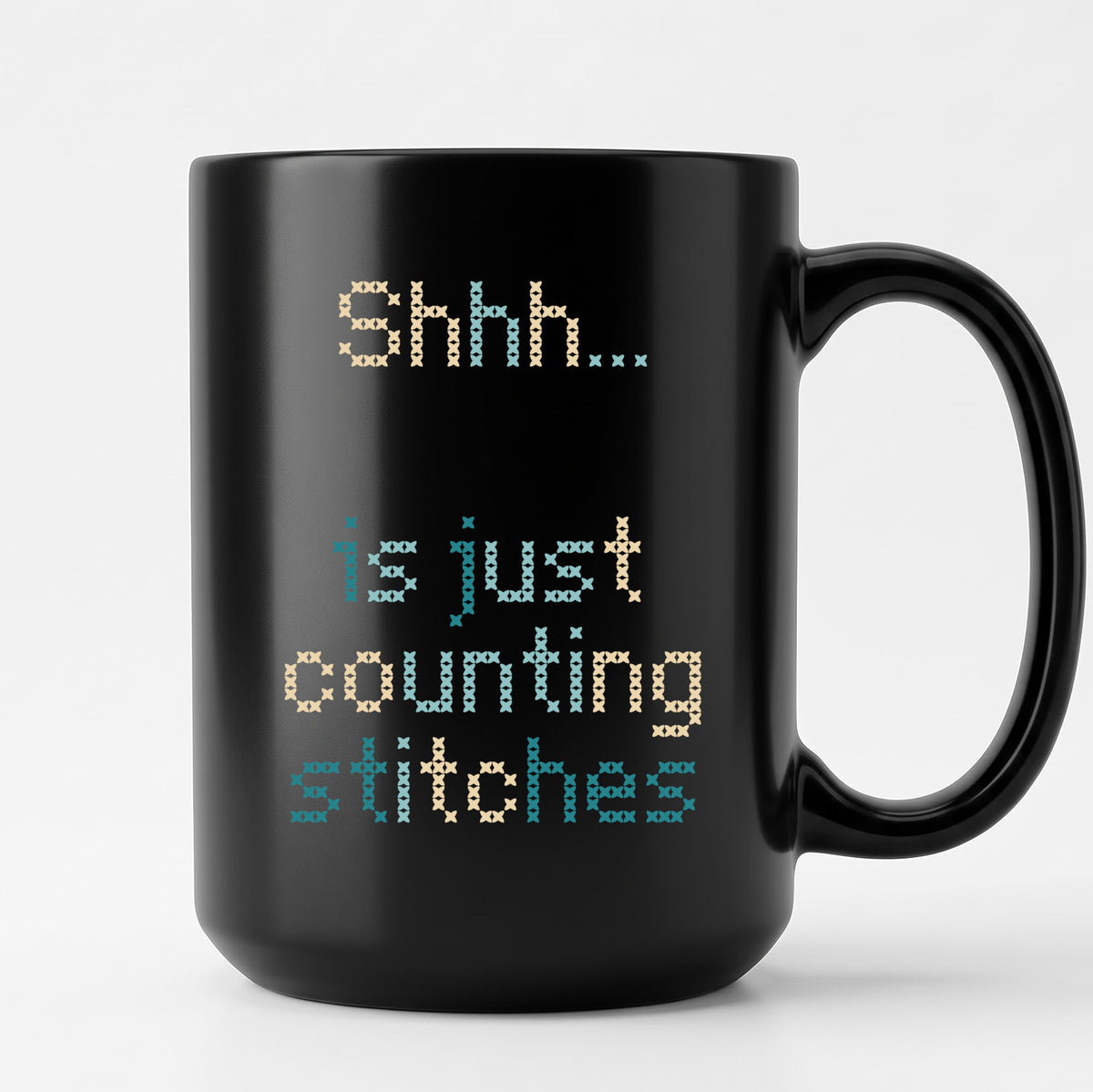"Shhh [Name] is just counting stitches" Personalized Faux Cross Stitch Coffee Cup | Custom Name