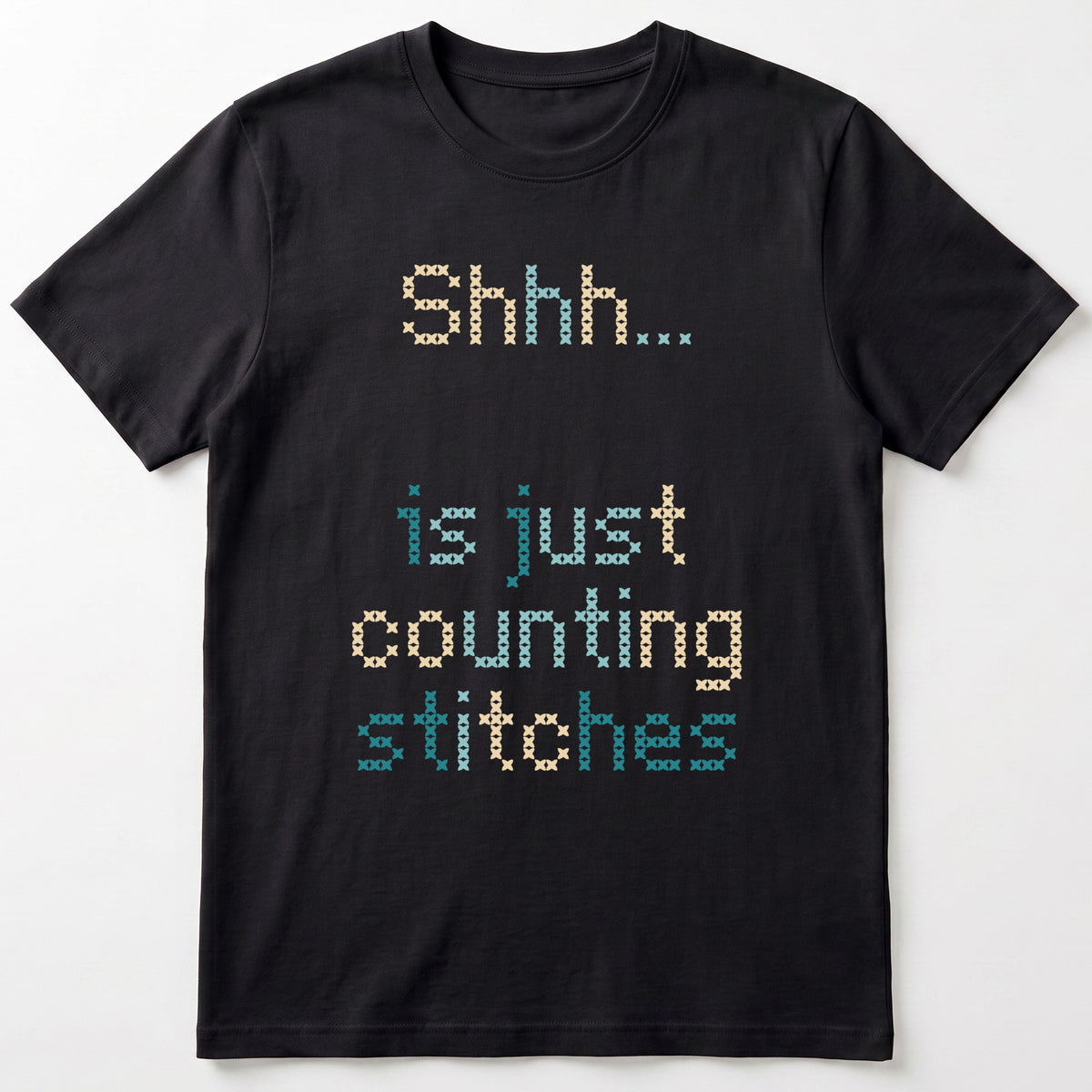"Shhh [Name] is just counting stitches" Personalized Faux Cross Stitch T-Shirt | Custom Name