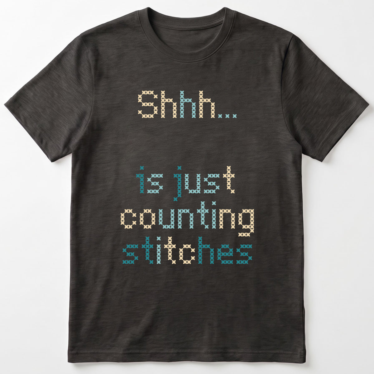 "Shhh [Name] is just counting stitches" Personalized Faux Cross Stitch T-Shirt | Custom Name