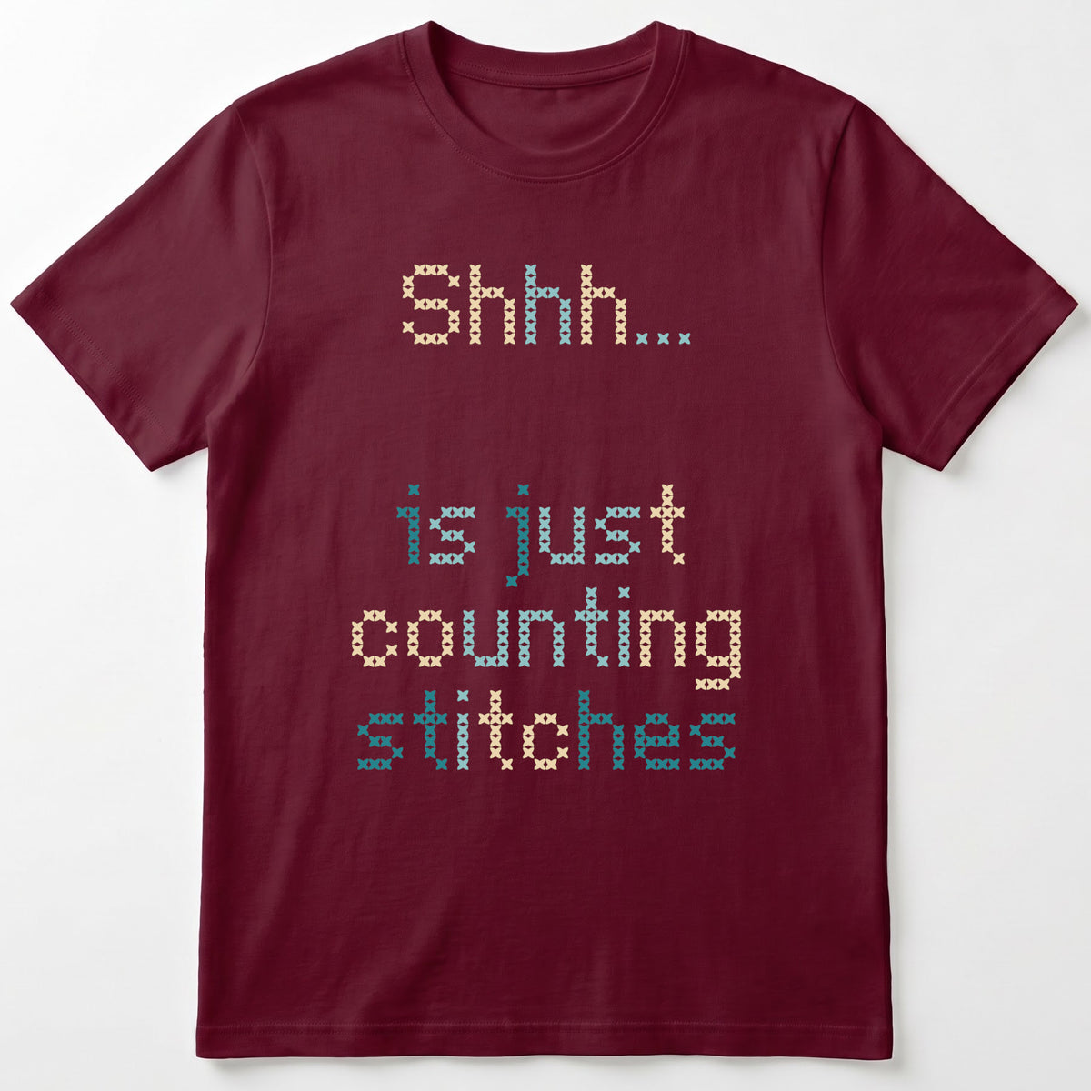 "Shhh [Name] is just counting stitches" Personalized Faux Cross Stitch T-Shirt | Custom Name